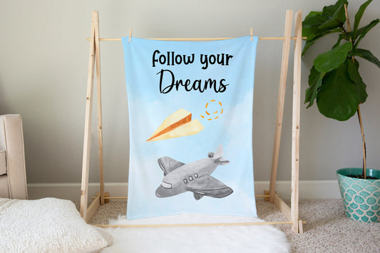 Follow Your Dreams Minky Blanket, Airplane Nursery Bedding - Sky Dreams