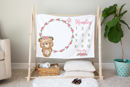 Personalized Floral Bear Milestone Blanket, Girl Woodland Blanket - Beary Pink