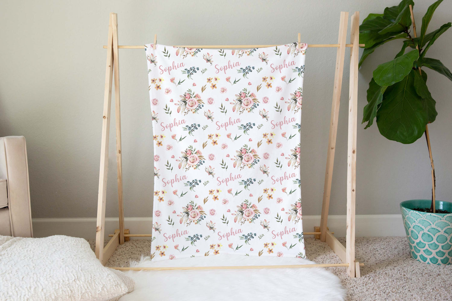 Pink floral Personalized Minky Blanket, Roses Nursery Bedding - Candy Rose