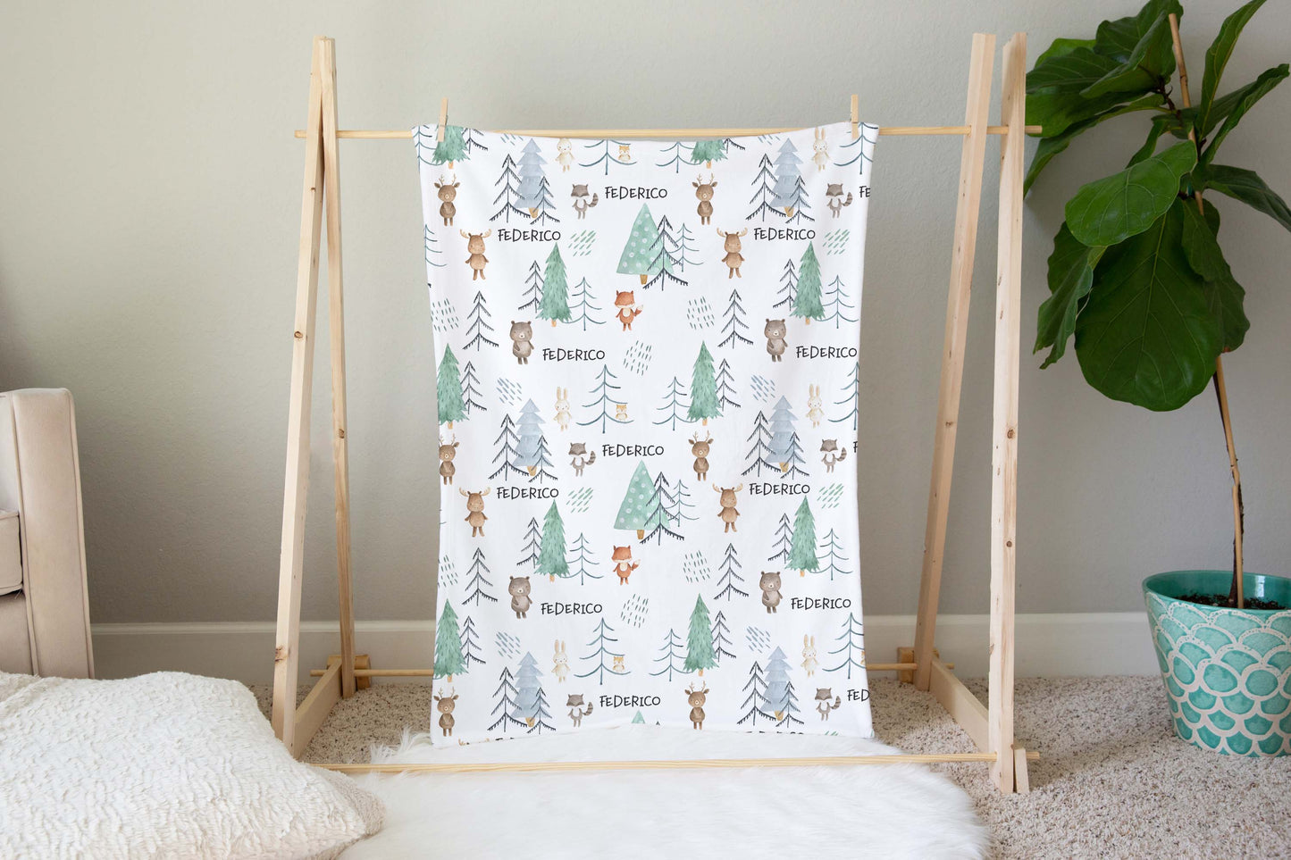 Woodland animals Personalized Minky Blanket, Forest Nursery Bedding - Scandi Woodland