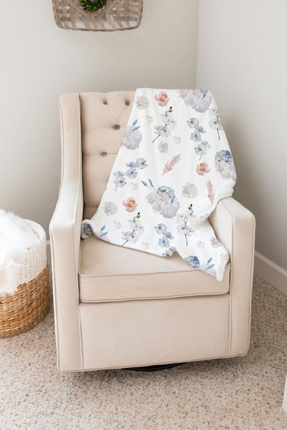 Coral and Dusty Blue Flowers Minky Blanket, Floral Nursery Bedding - Delicate Breeze