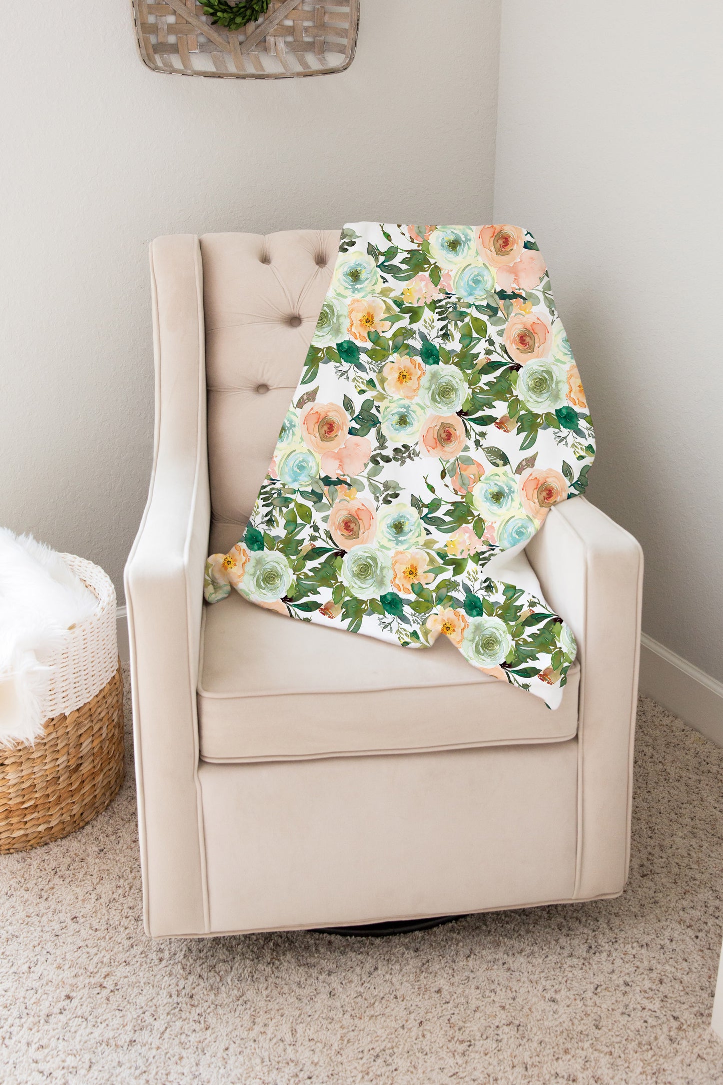 Floral Minky Blanket, Girl Bedding - Peach Mint Garden