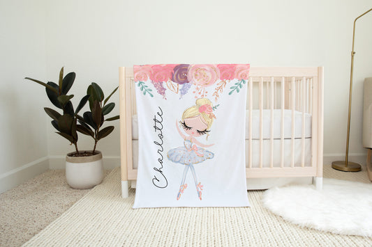 Personalized Floral Ballerina Blanket, Ballet Nursery Bedding - Sweet Ballet