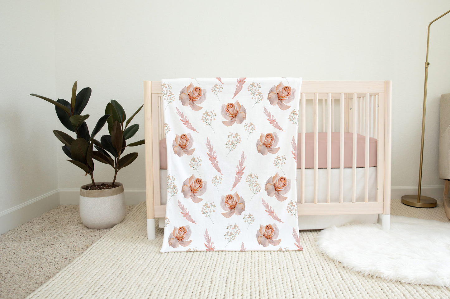 Roses Minky Blanket, Coral floral nursery bedding - Delicate Breeze