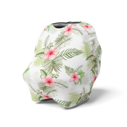 White Tropical Leaves Car Seat Cover, Floral Nursing Cover