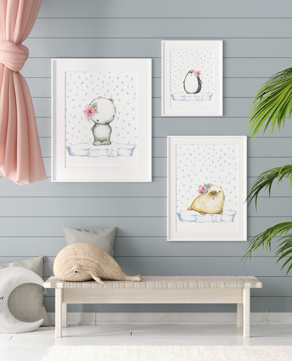 Girl Arctic Wall Art, Floral Arctic Animals Nursery Prints - Set of 3 DIGITAL DOWNLOAD