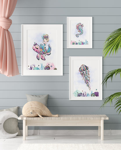 Mermaid Nursery Prints, Under The Sea Wall Art Set of 3 - Mermaid World