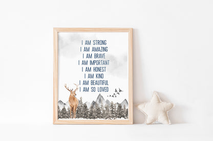 Positive Affirmations PRINTABLE Deer Wall Art, Woodland Nursery Print