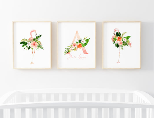 Personalized Flamingo Wall Art, Girl Nursery Decor - Set of 3 Unframed Prints