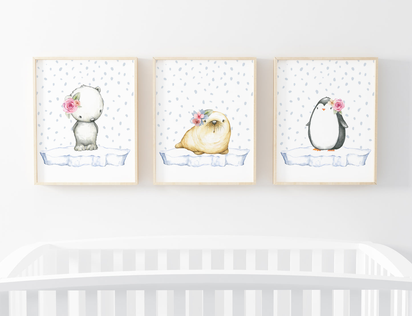 Girl Arctic Wall Art, Floral Arctic Animals Nursery Prints - Set of 3 DIGITAL DOWNLOAD