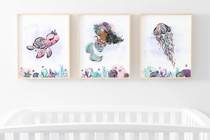 Mermaid Wall Art, Under The Sea Nursery Prints Set of 3 - Mermaid World