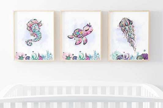 Girl Under The Sea Nursery Prints | Girl Ocean Wall Art Set of 3 - Mermaid World