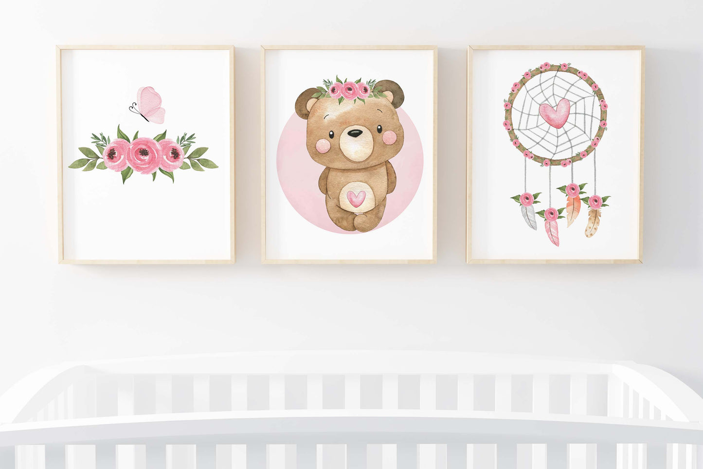Floral Bear Wall Art, Girl Bear Nursery Prints set of 3 - Beary Pink