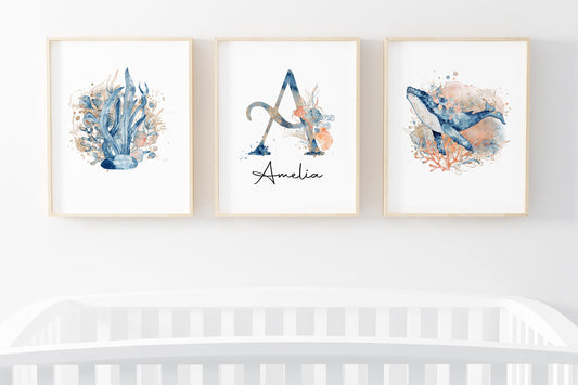 Personalized Whale Wall Art, Under the sea Nursery Decor Set of 3 Unframed Prints