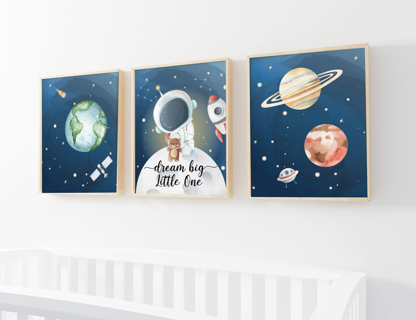 Dream Big Little One Wall Art, Space Nursery Prints set of 3