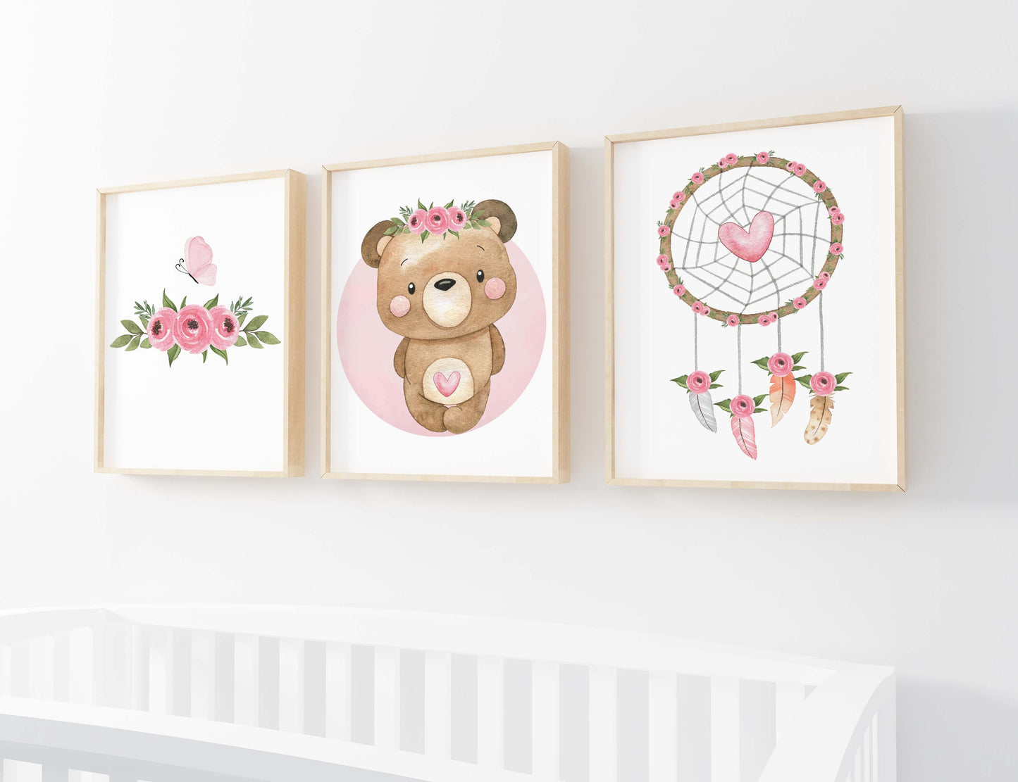 Floral Bear Wall Art, Girl Bear Nursery Prints set of 3 - Beary Pink