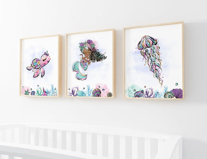 Mermaid Wall Art, Under The Sea Nursery Prints Set of 3 - Mermaid World