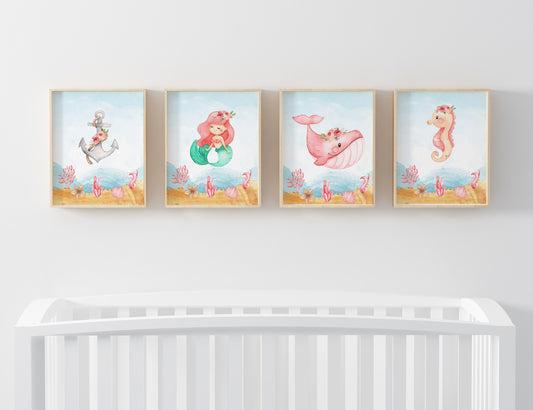 Mermaid Wall Art, Girl Under The Sea Nursery Prints - Set of 4