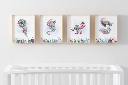 Mermaid Nursery Prints, Under The Sea Wall Art Set of 4 - Mermaid World
