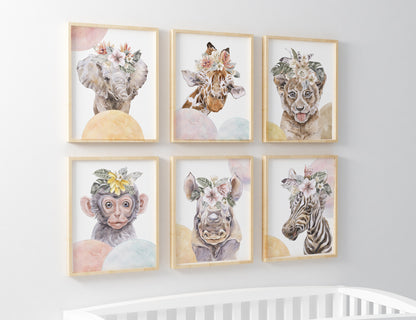 Girl Safari Wall Art, Jungle Nursery Prints Set of 6