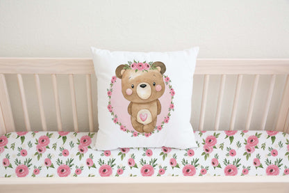 Floral Bear Pillow Cover, Woodland Nursery decor - Beary Pink