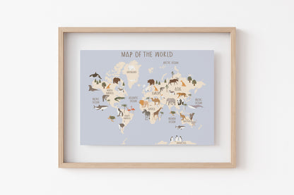 Amimal world map, PRINTABLE world map Wall Art, Educational Nursery Print