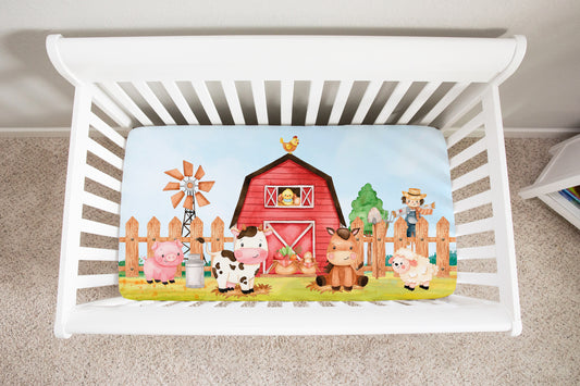 Barn and Farm Animals Minky Crib Sheet, Barnyard Nursery Bedding - Morgan's Farm