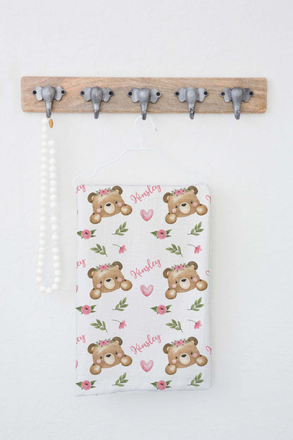 Pink Floral Personalized Baby Swaddle Set, Floral Bear Hospital Baby Girl Blanket - Beary Pink