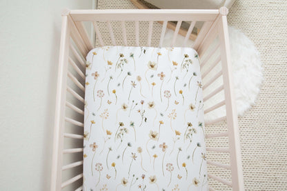 Wild Flower Crib Sheet, Floral Girl Nursery Bedding - Mustard Wildflowers