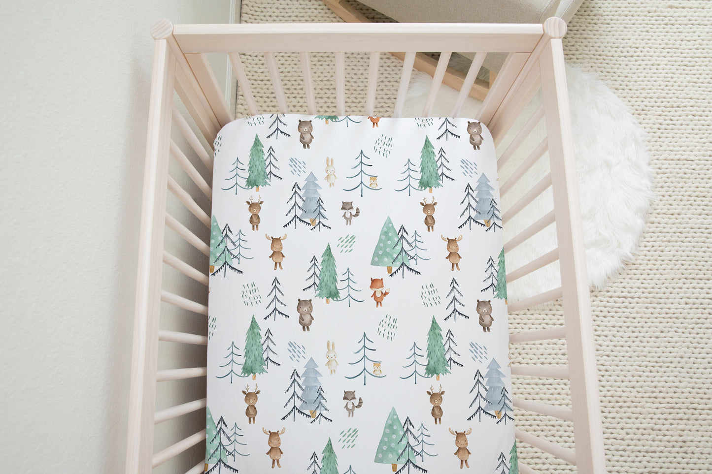 Scandinavian Woodland Crib Sheet, Forest Animals Nursery Bedding - Scandi Woodland