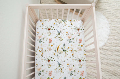 Wild Flowers Crib Sheet, Boho Floral Girl Nursery Bedding - Vintage Garden