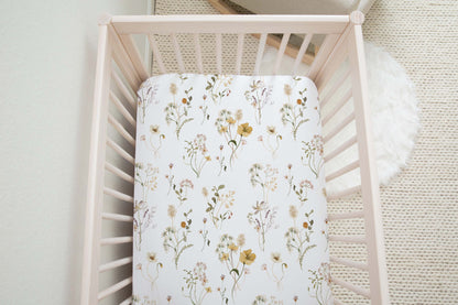 Wild Flowers Crib Sheet, Boho Floral Girl Nursery Bedding - Mustard Wildflowers
