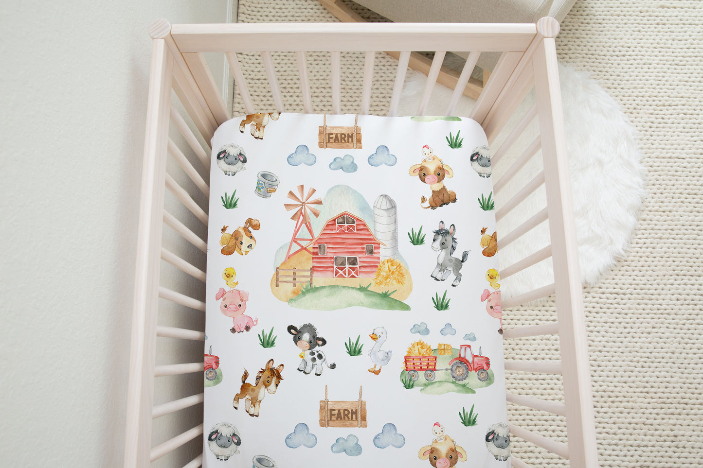 Farm Crib Sheet, Barnyard Nursery Bedding - Farm Babies