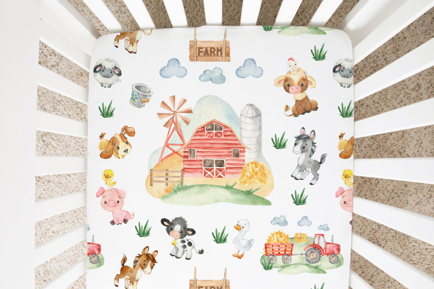 Farm Crib Sheet, Barnyard Nursery Bedding - Farm Babies