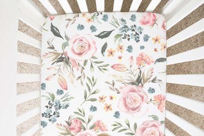 Pink Floral Crib Sheet, Roses Girl Nursery Bedding - Candy Rose