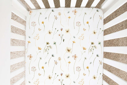 Wild Flower Crib Sheet, Floral Girl Nursery Bedding - Mustard Wildflowers