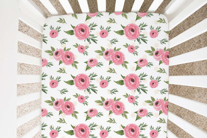 Pink Floral Crib Sheet, Roses Nursery Bedding - Beary pink