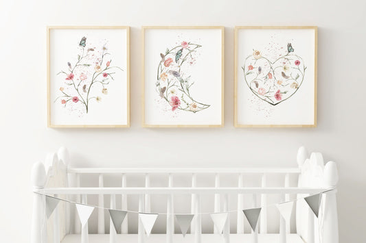Boho Wall Art, Floral Nursery Prints - set of 3