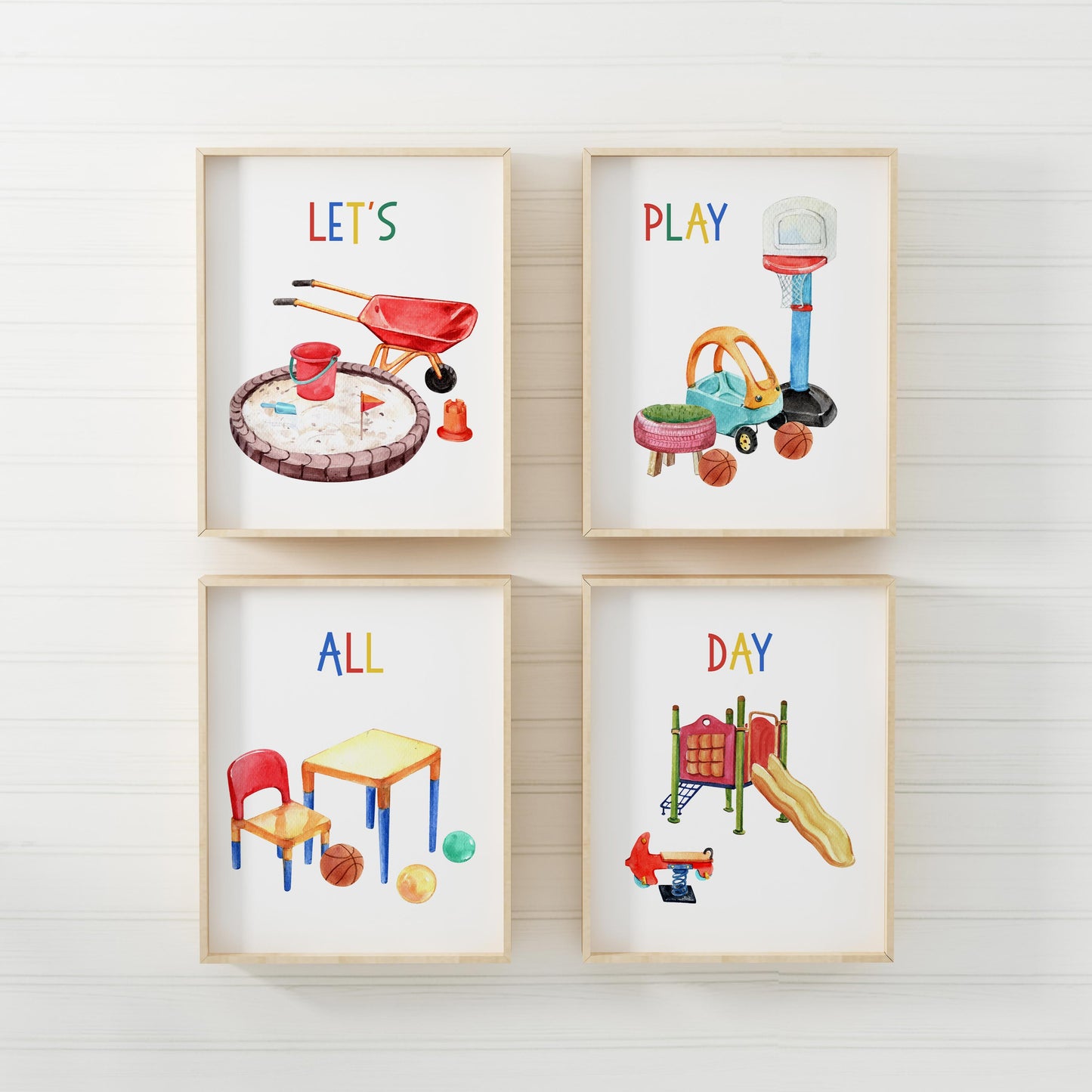 Let's play all day Wall Art, Playroom Nursery Prints Set of 4