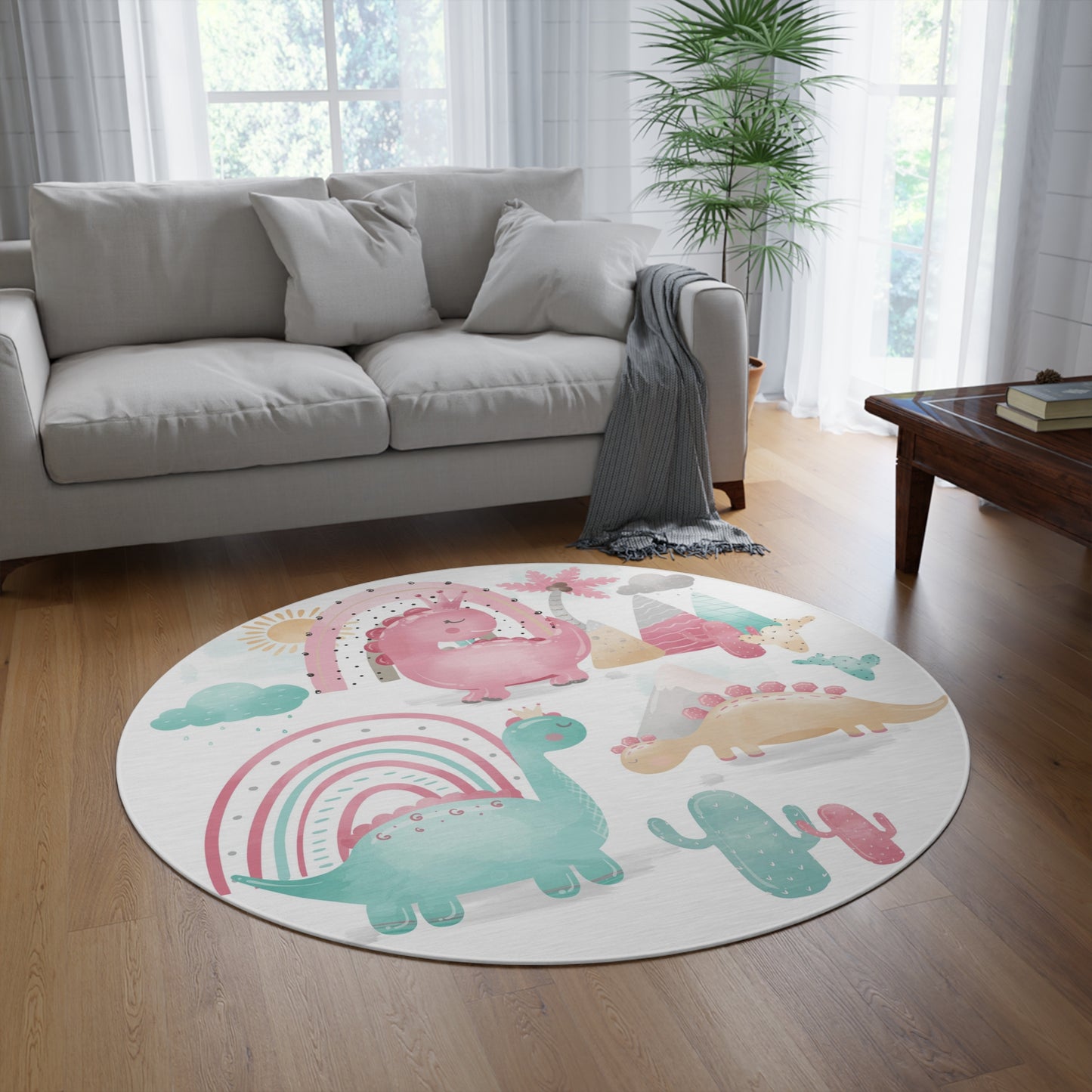 Pink dinosaur round rug, Dinosaur area rug, Dinosaur nursery decor - Pink Dinosaur