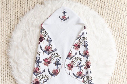 Floral Anchor Hooded Baby Towel, Girl Nautical Bathroom Towel- Nautical Bloom
