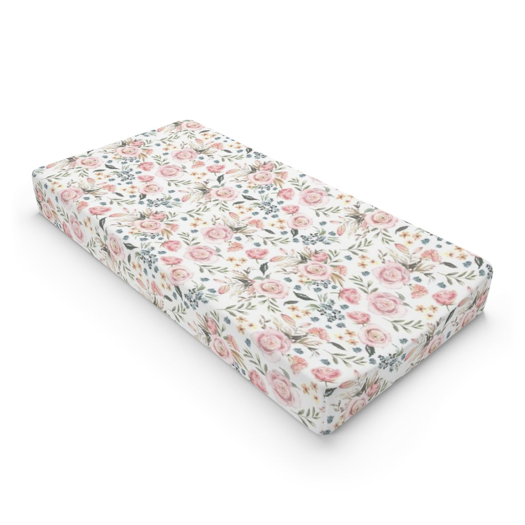 Pink Roses Changing Pad Cover, Watercolor Floral Baby Girl Nursery - Candy Rose