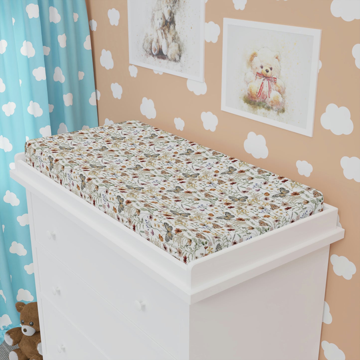 Butterfly floral Changing Pad Cover, Wildflower nursery bedding - Butterfly garden