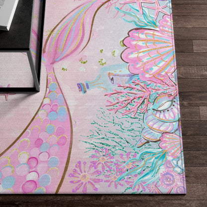 Little Mermaid Rug, Pink mermaid Anti-Slip backing, Mermaid room decor - Pink Mermaid