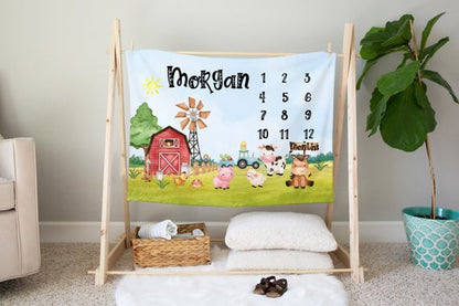 Farm Personalized Milestone, Neutral Baby Month Blanket - Morgan's Farm