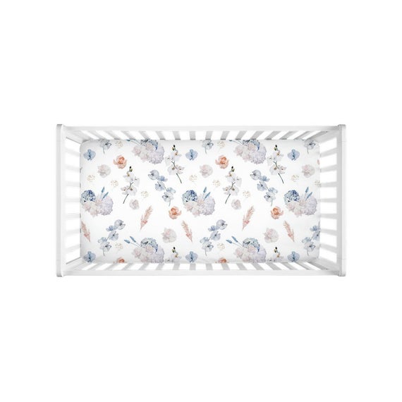 Coral and Dusty Blue Flowers Crib Sheet, Flora Nursery Bedding -Delicate Breeze