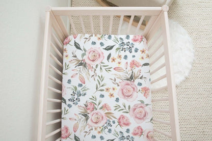 Pink Floral Crib Sheet, Roses Girl Nursery Bedding - Candy Rose