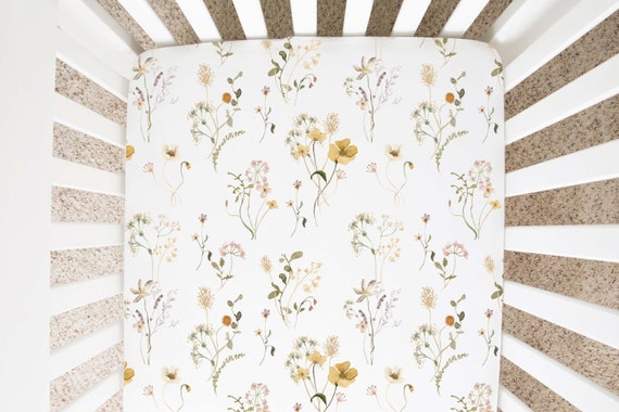 Wild Flowers Crib Sheet, Boho Floral Girl Nursery Bedding - Mustard Wildflowers