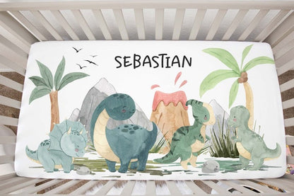 Dinosaur Personalized Crib Sheet, Dino Nursery Bedding - Prehistoric Friends