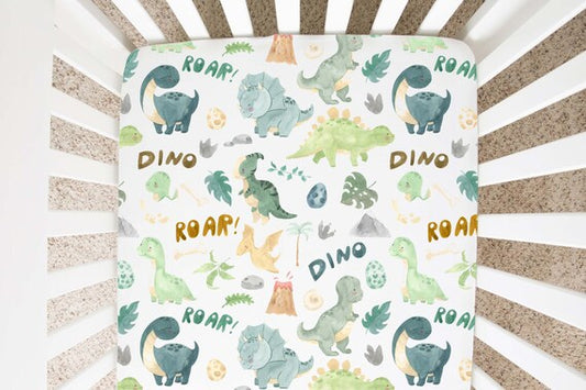 Dinosaur Crib Sheet, Dino Nursery Bedding- Prehistoric Friends